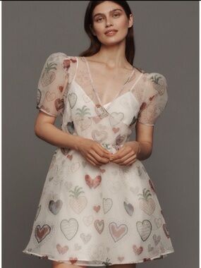 NWT Farm Rio Organza  Puff-Sleeve  Hearts Eye print Dress,  size L